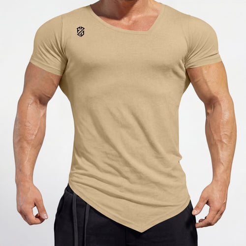 Muscle Fit Cream Gym T Shirt For Men- Asymmetrical Neck & V-Hem