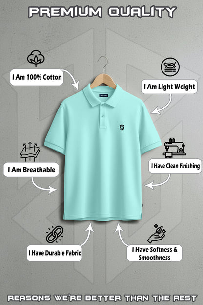 Light blue cotton polo shirt on hanger, featuring lightweight, breathable, durable, soft fabric and clean finishing.
