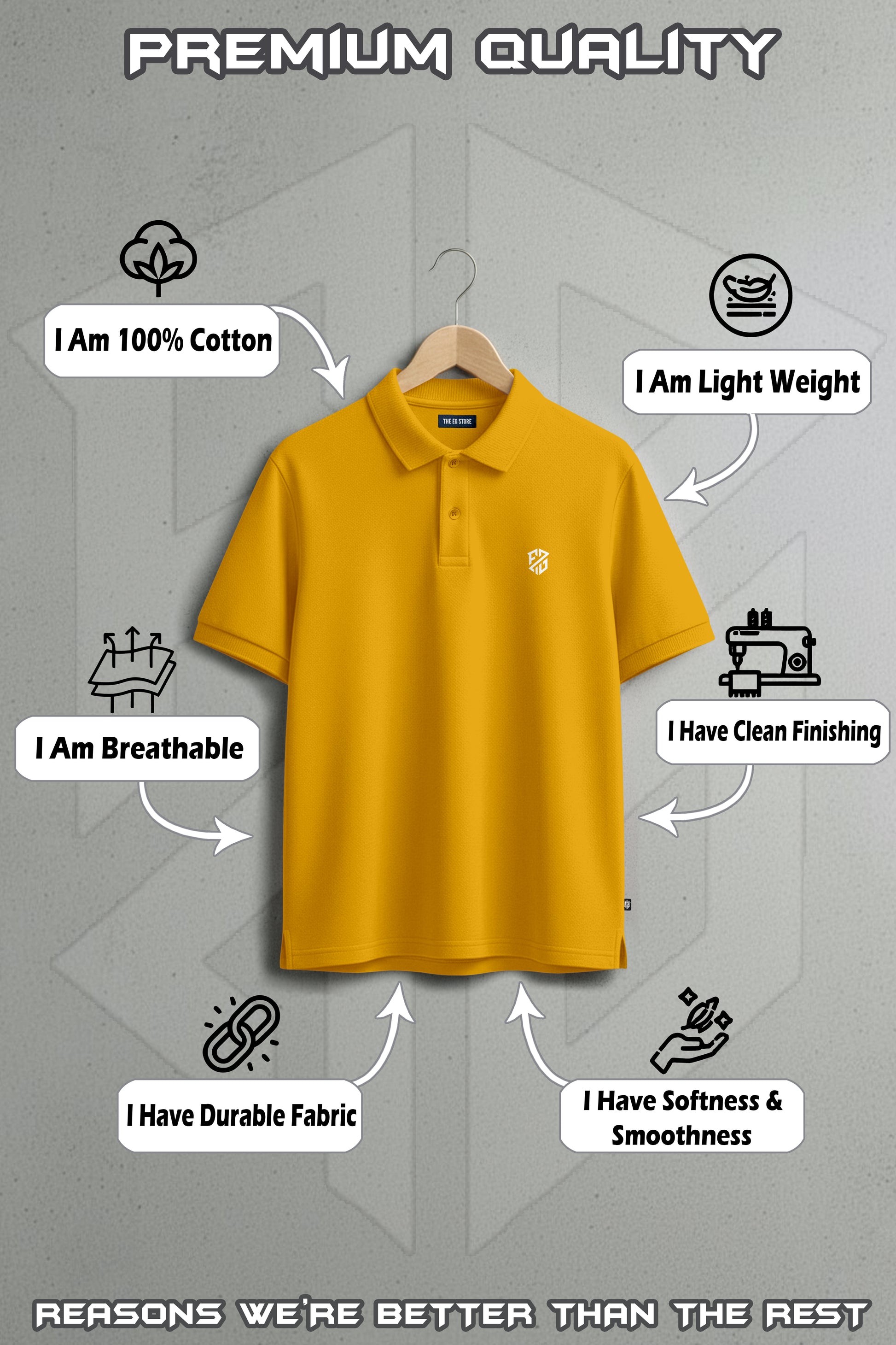 Yellow cotton polo shirt on hanger, breathable, lightweight, durable, clean finish, soft texture.