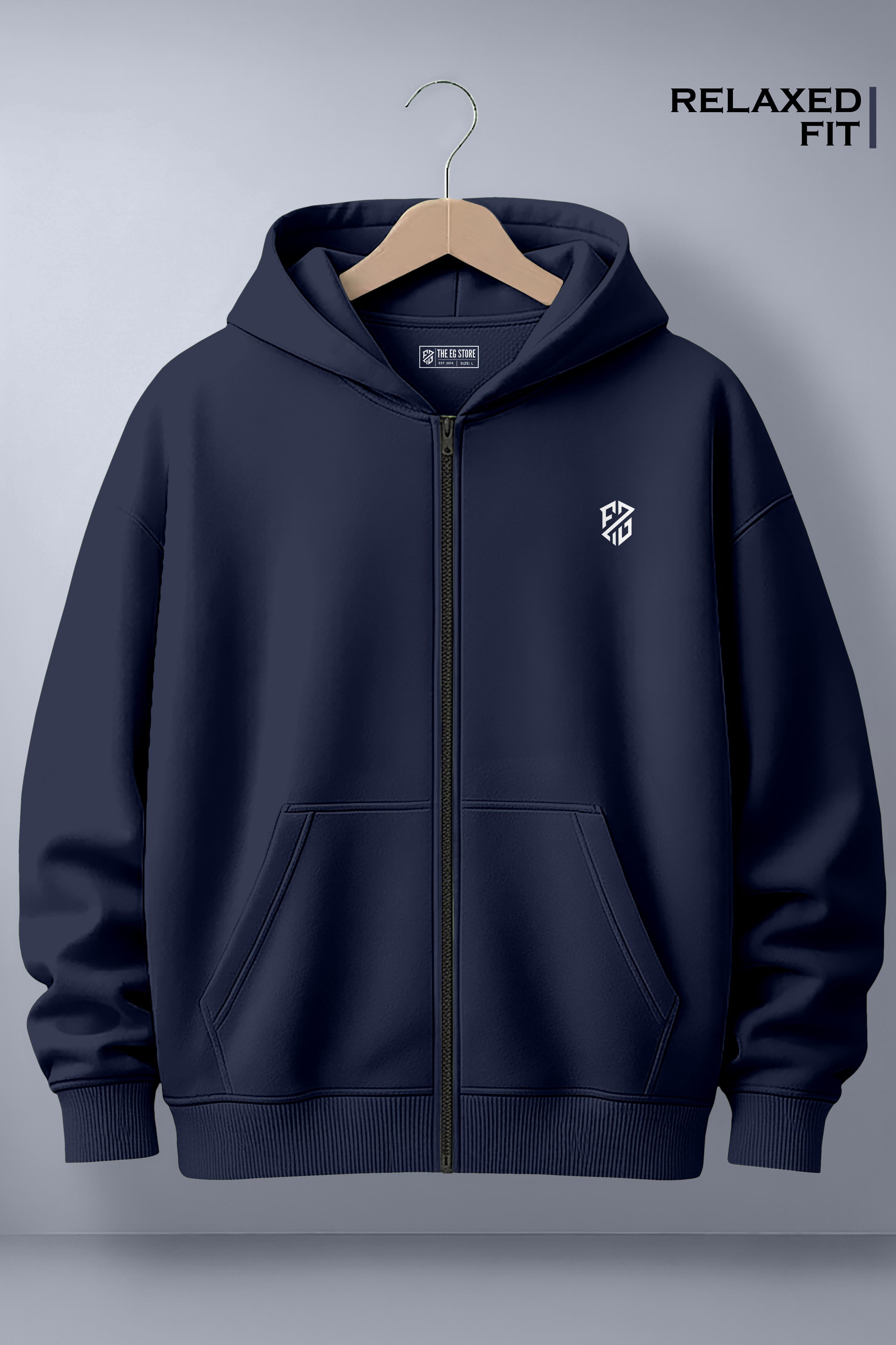 Navy Blue Full-Zip Jacket: Premium Relaxed Fit