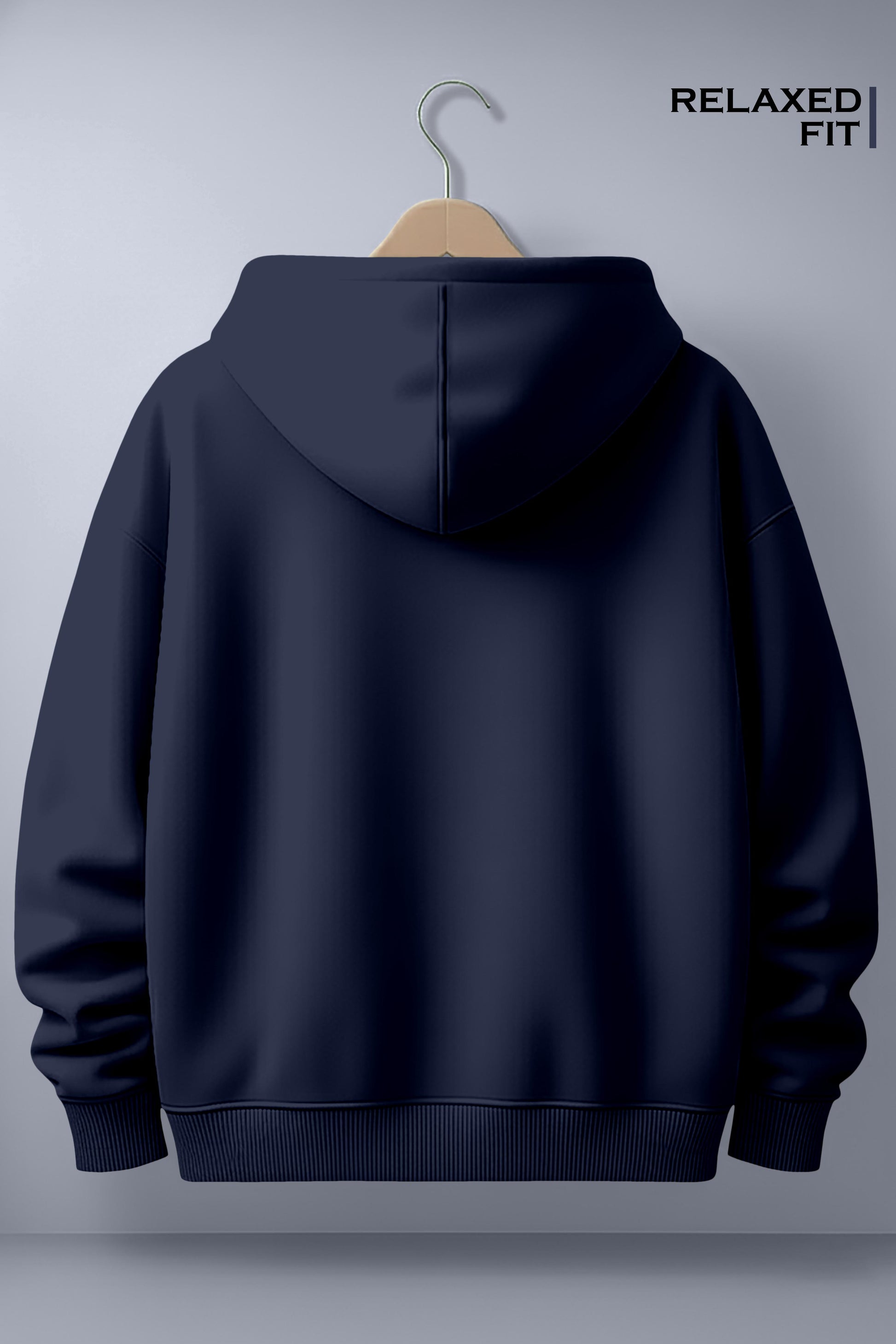 Navy blue relaxed fit hoodie on hanger, back view, minimal design