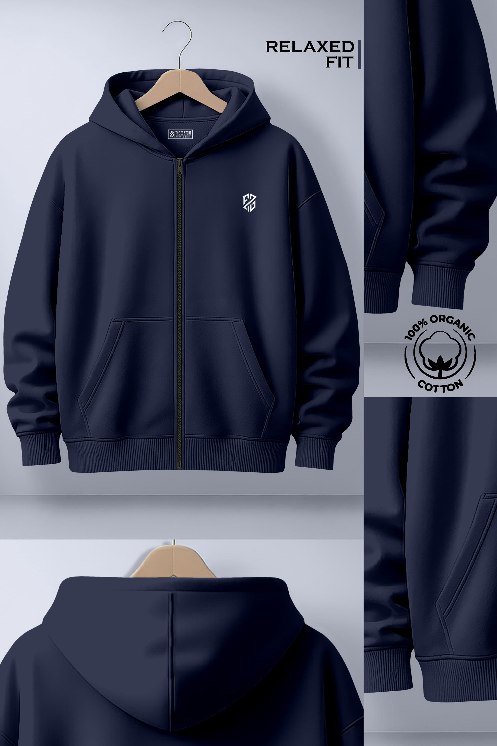 Navy blue zip-up hoodie with relaxed fit, front pockets, organic cotton badge, minimalist logo