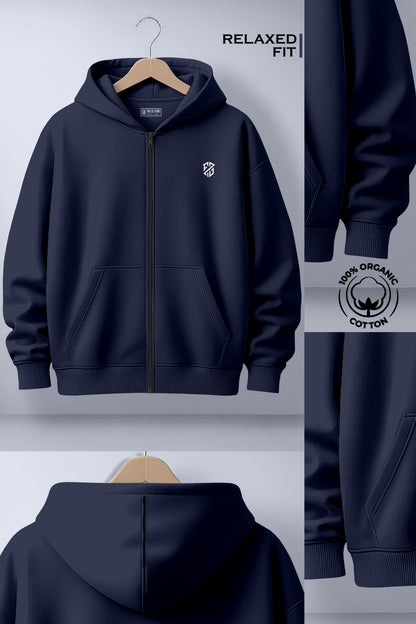 Navy blue zip-up hoodie with relaxed fit, front pockets, organic cotton badge, minimalist logo