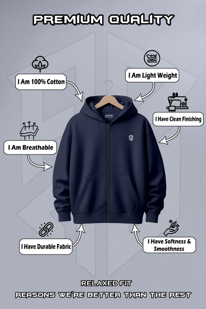 Navy blue cotton zip-up hoodie on hanger, lightweight, breathable, durable fabric, clean finishing, relaxed fit.