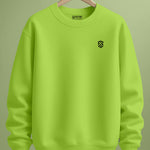Lime green relaxed-fit sweatshirt with small black chest logo on hanger, minimalist background