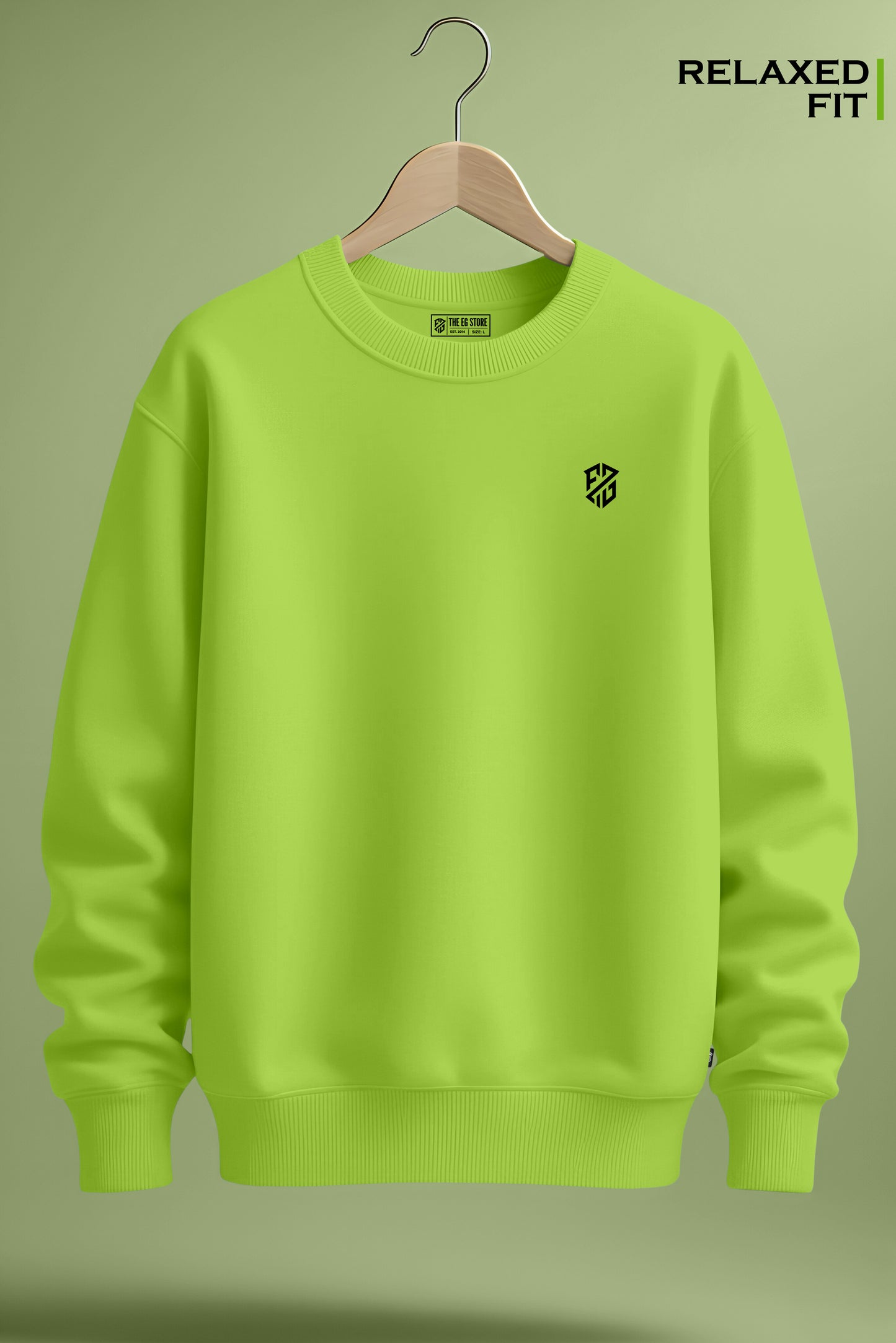 Lime green relaxed-fit sweatshirt with small black chest logo on hanger, minimalist background