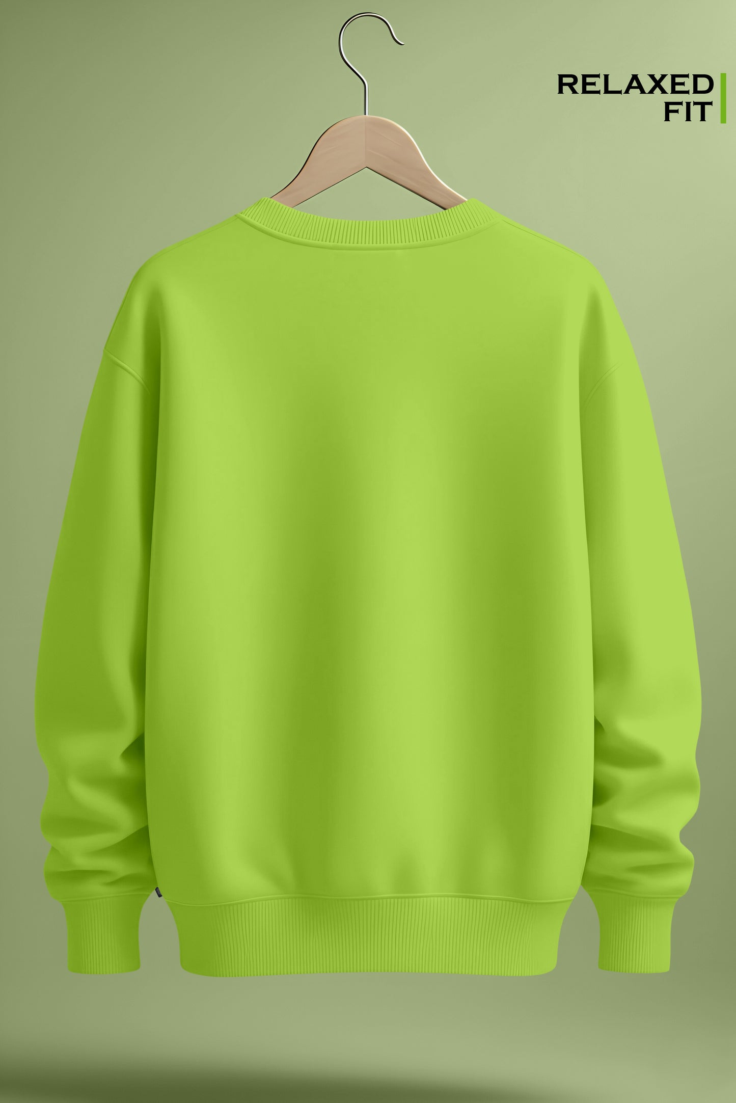 Back view of relaxed fit lime green sweatshirt on hanger against light green background