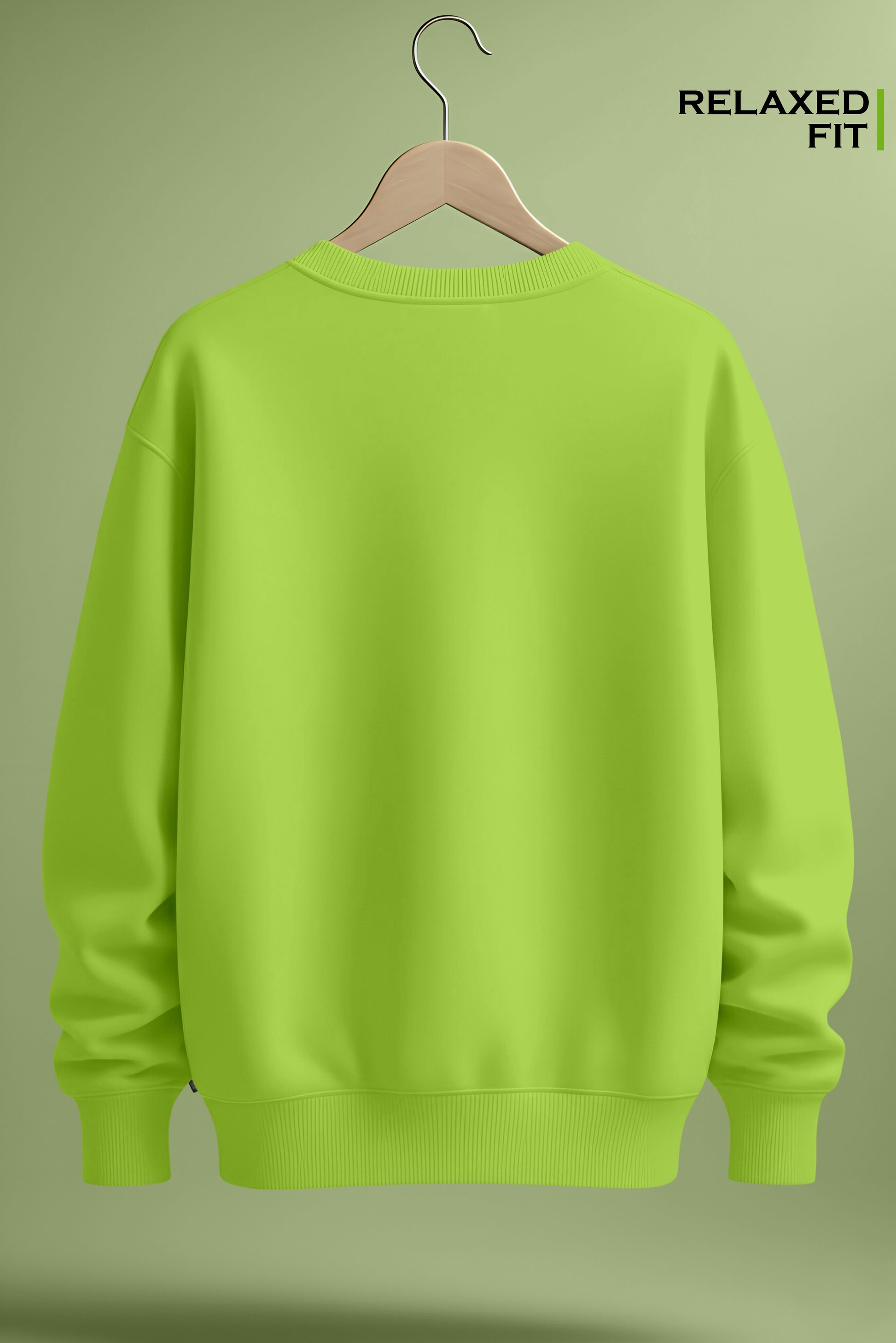 Back view of relaxed fit lime green sweatshirt on hanger against light green background