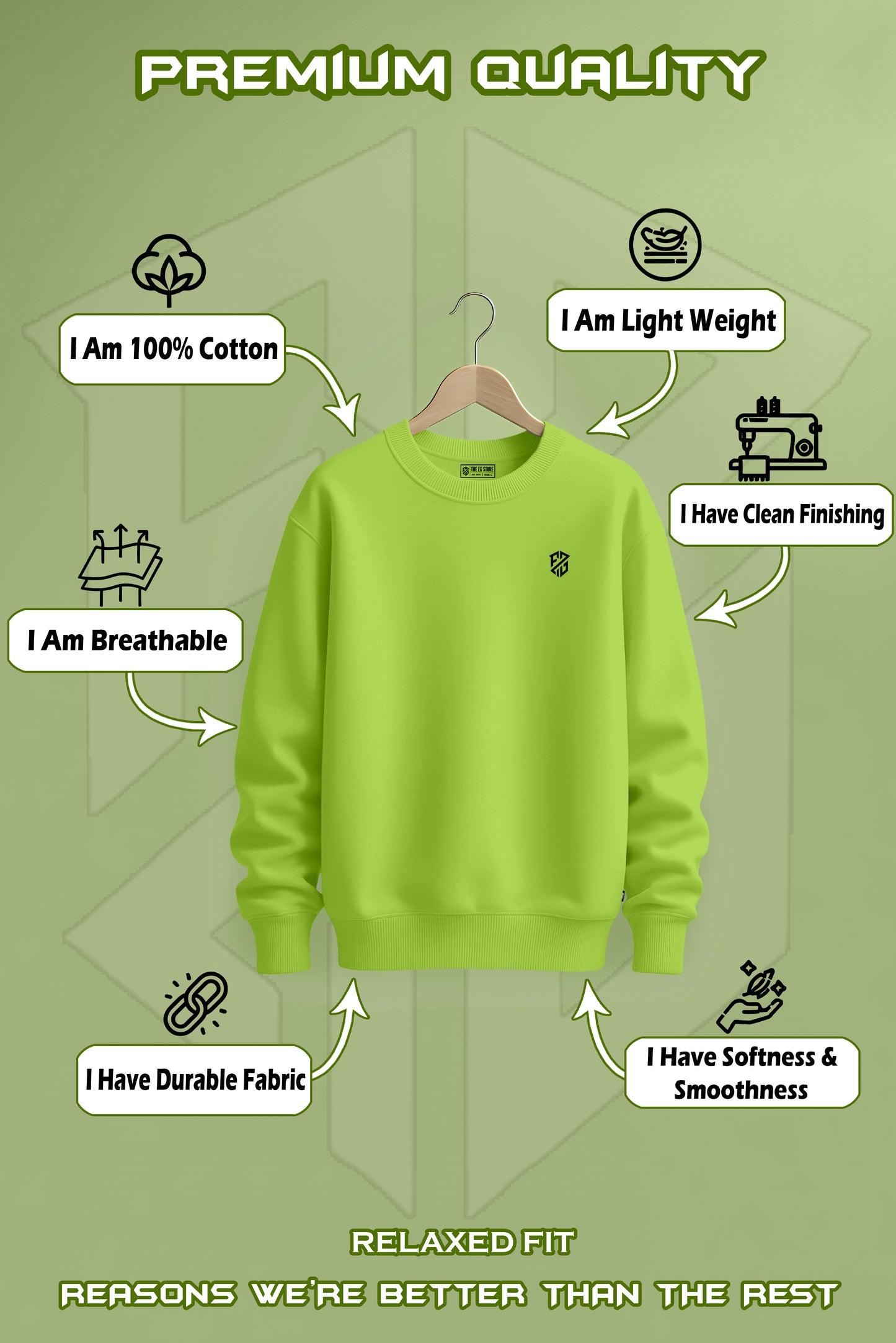 Bright green cotton sweatshirt on hanger, relaxed fit, soft, lightweight, breathable, durable fabric