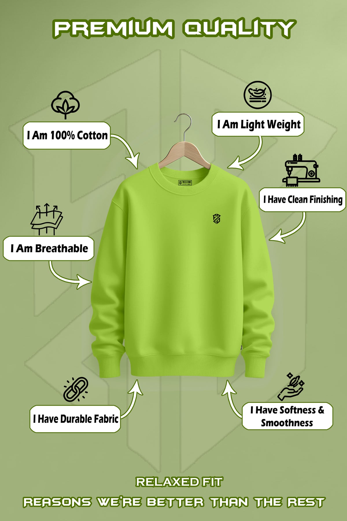 Bright green cotton sweatshirt on hanger, relaxed fit, soft, lightweight, breathable, durable fabric