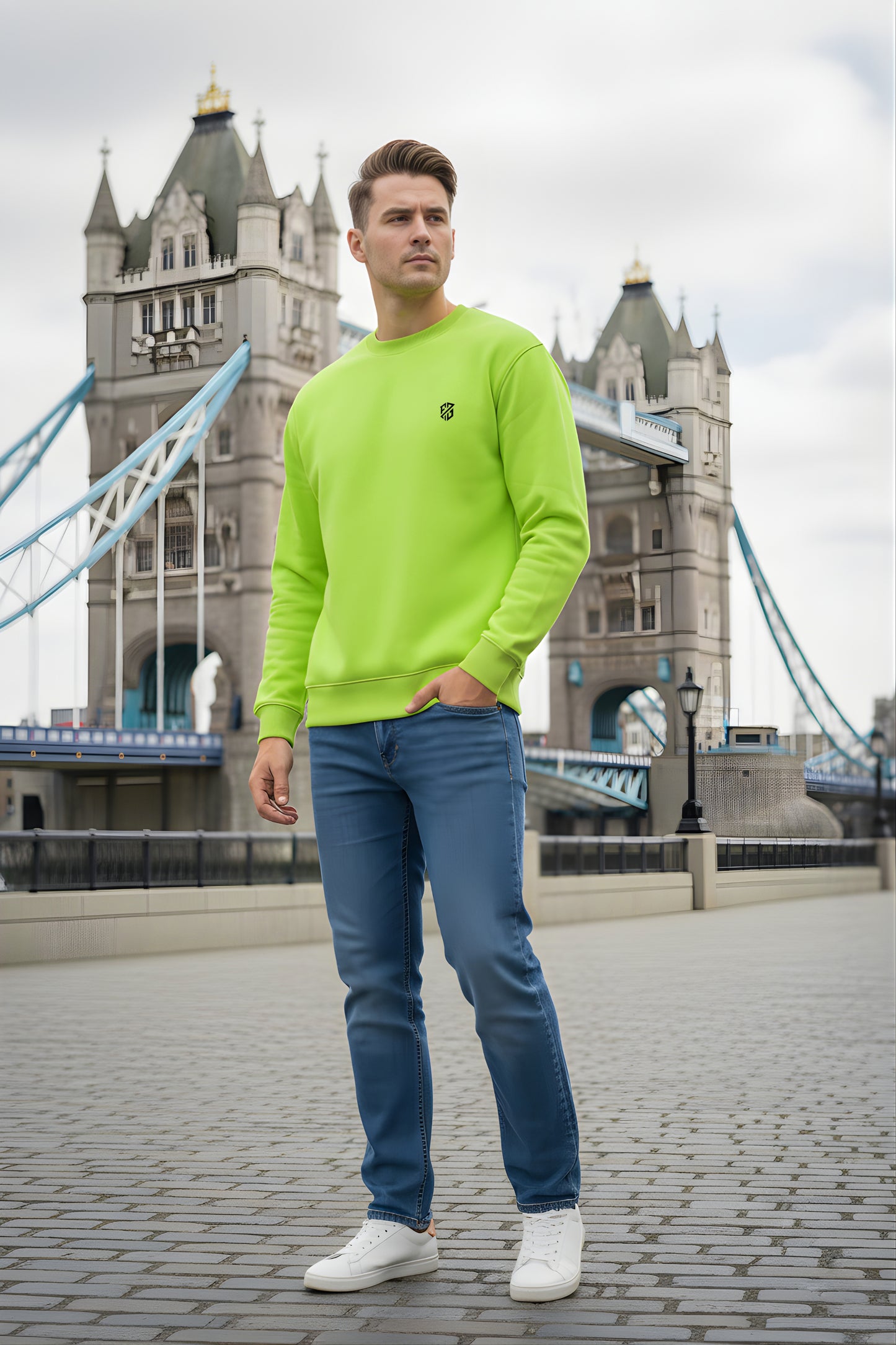 Man in neon green sweatshirt and blue jeans standing near Tower Bridge in London