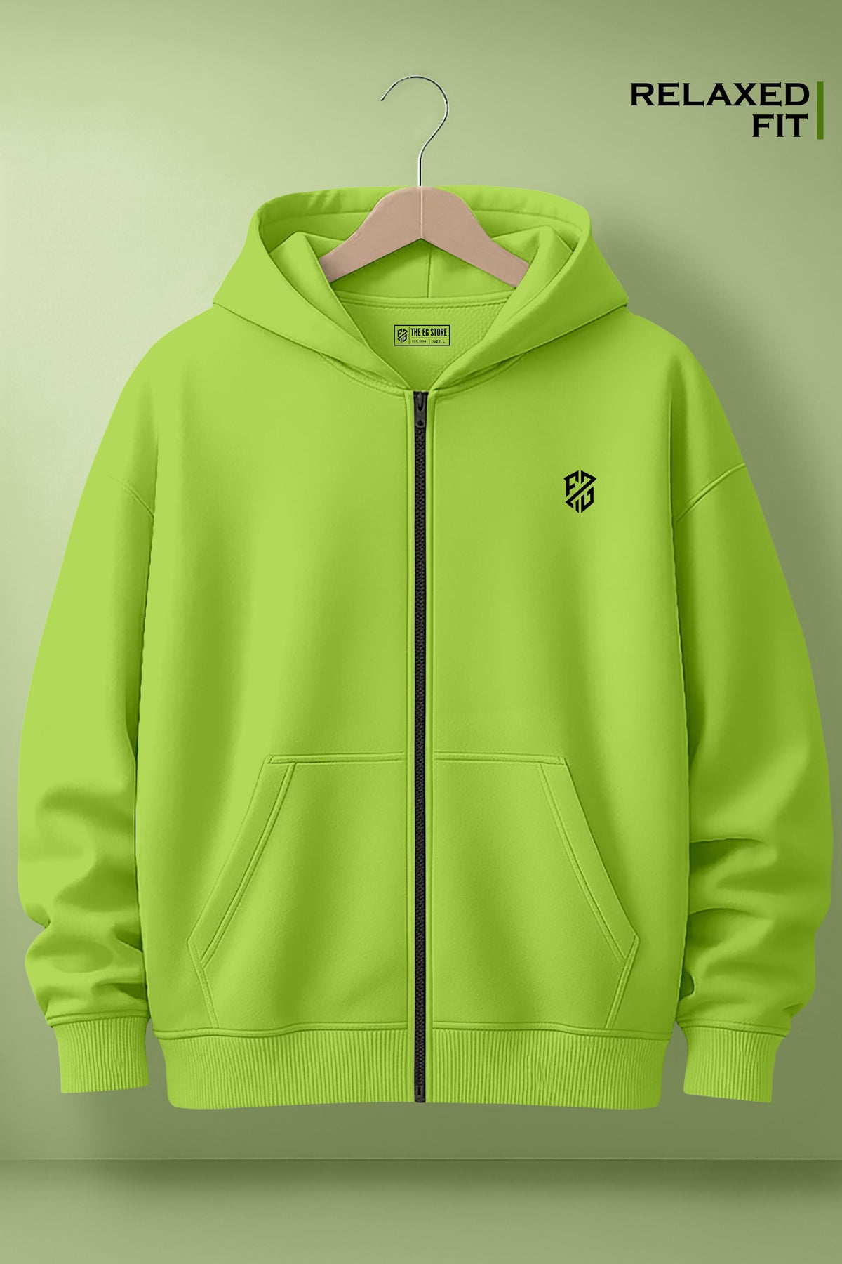 Lime green zip-up hoodie with relaxed fit, front pockets, and small chest logo on hanger.