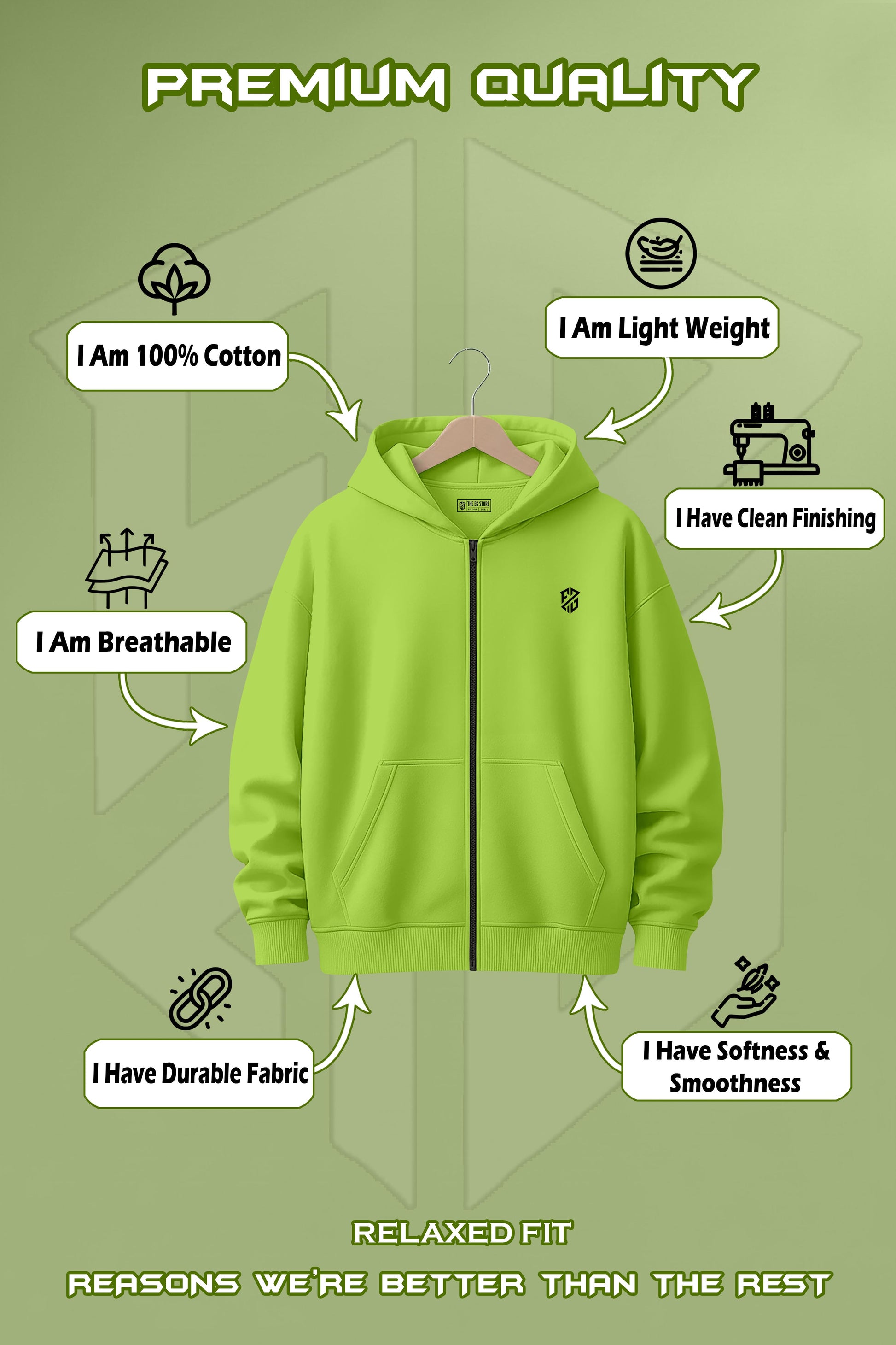Green cotton zip-up hoodie with breathable, lightweight, durable, soft fabric features displayed