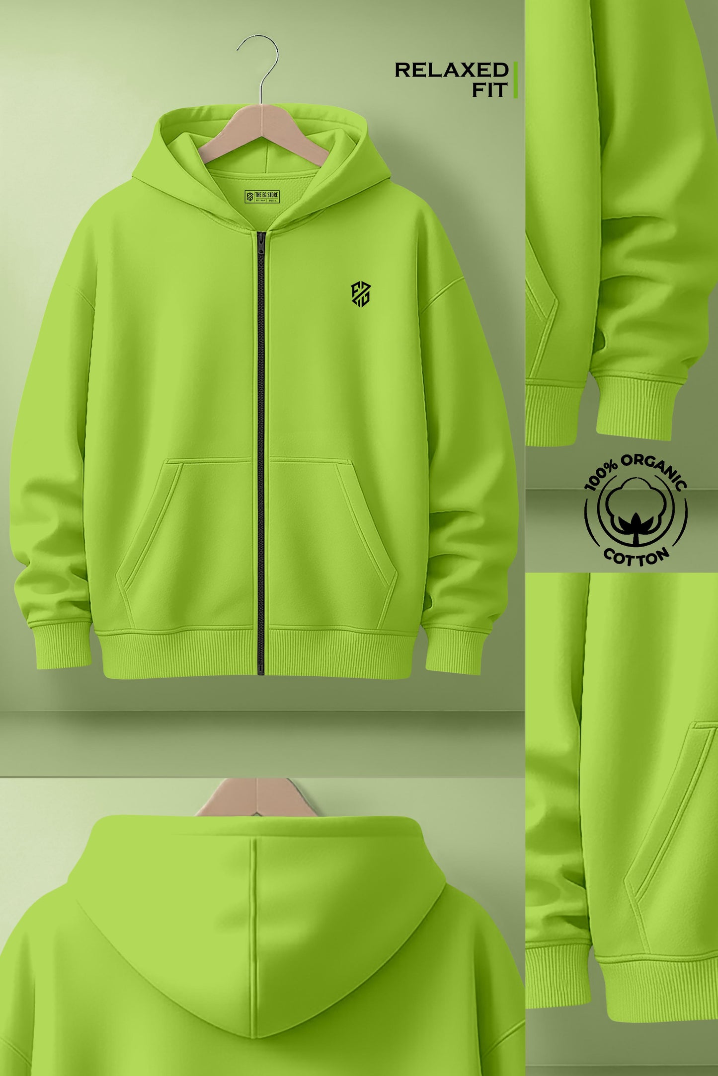 Lime green zip-up hoodie, relaxed fit, kangaroo pockets, 100% organic cotton