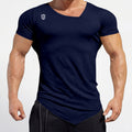 Men's fitted navy blue V-neck t-shirt with logo, athletic wear, angled hem design