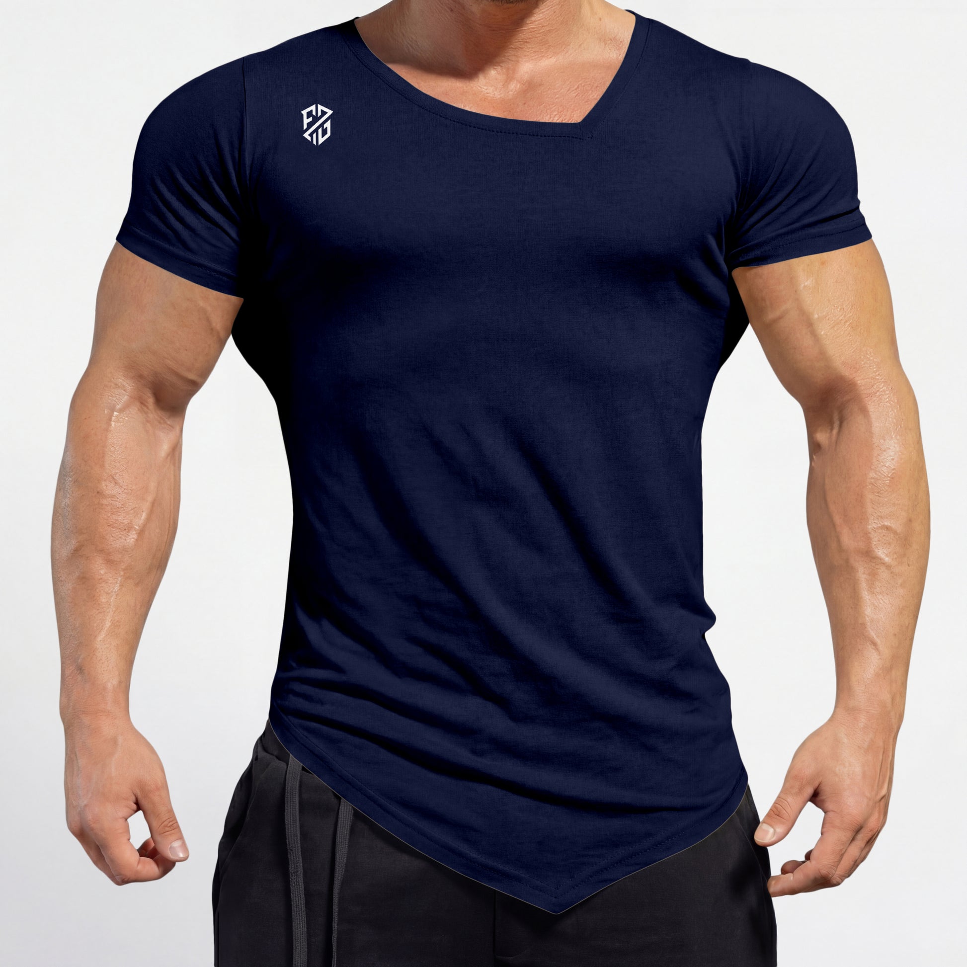 Men's fitted navy blue V-neck t-shirt with logo, athletic wear, angled hem design