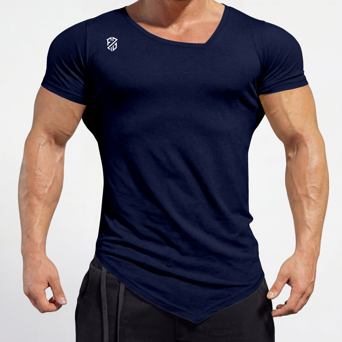 Men's fitted navy blue V-neck t-shirt with logo, athletic wear, angled hem design