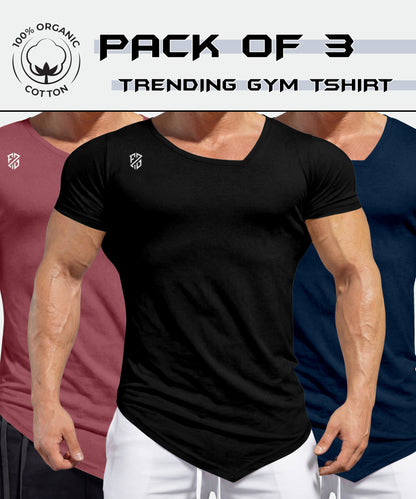 Pack of 3 men's gym t-shirts in black, maroon, and navy, 100% organic cotton