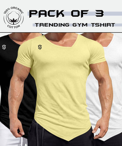 Pack of 3 men's trending gym t-shirts in black, yellow, and white, 100% organic cotton