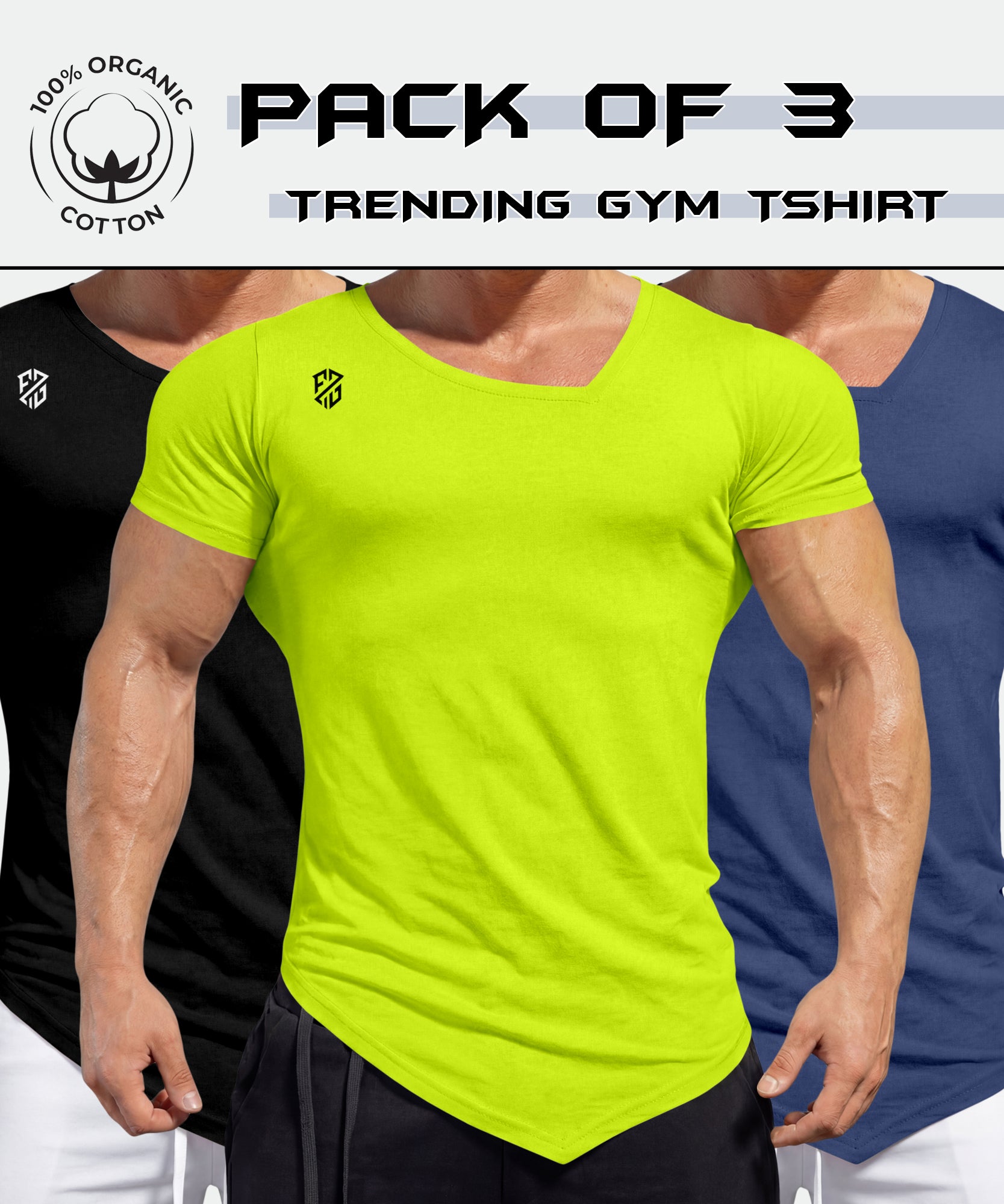 Pack of 3 organic cotton gym t-shirts for men in black, neon yellow, and blue colors.