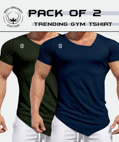 Pack of 2 men's organic cotton gym t-shirts in navy and olive, short sleeve, modern fit.