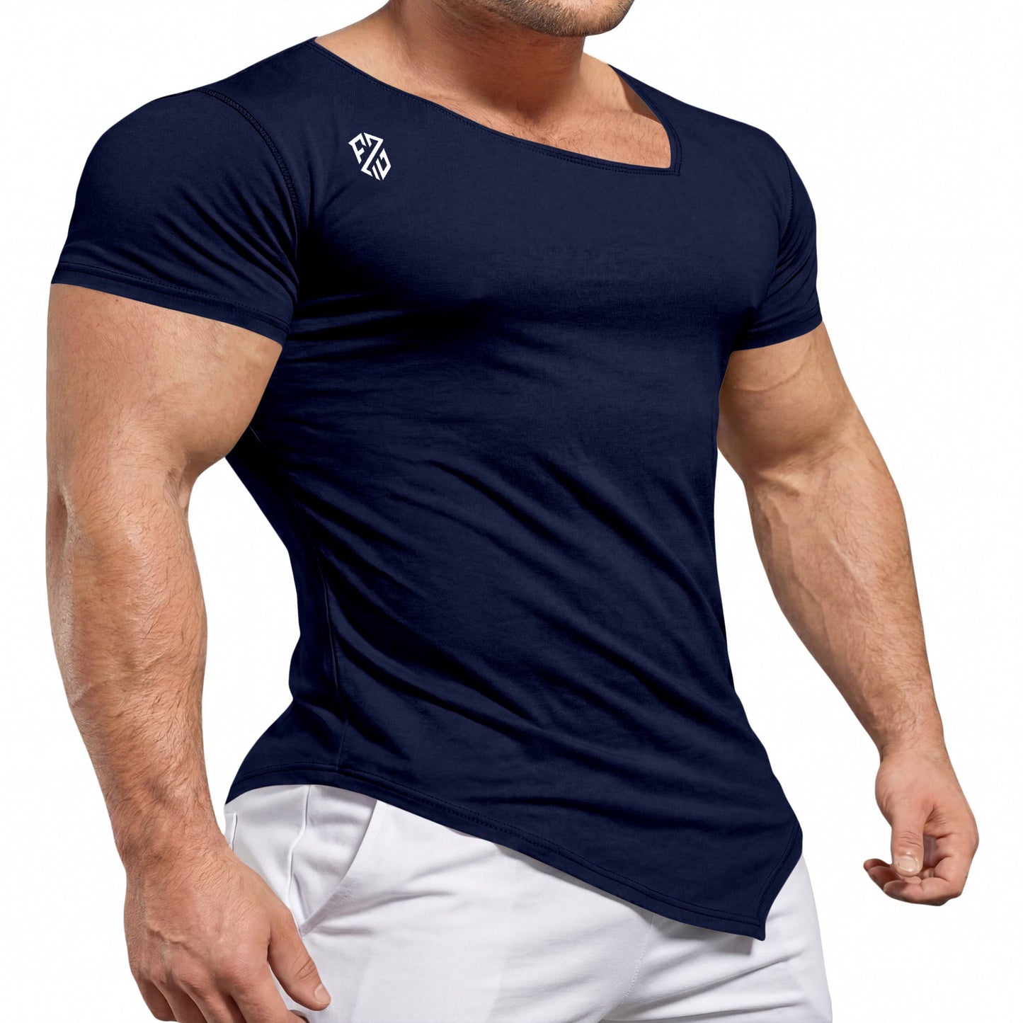 Athletic man wearing fitted navy blue short sleeve t-shirt with white logo, white pants