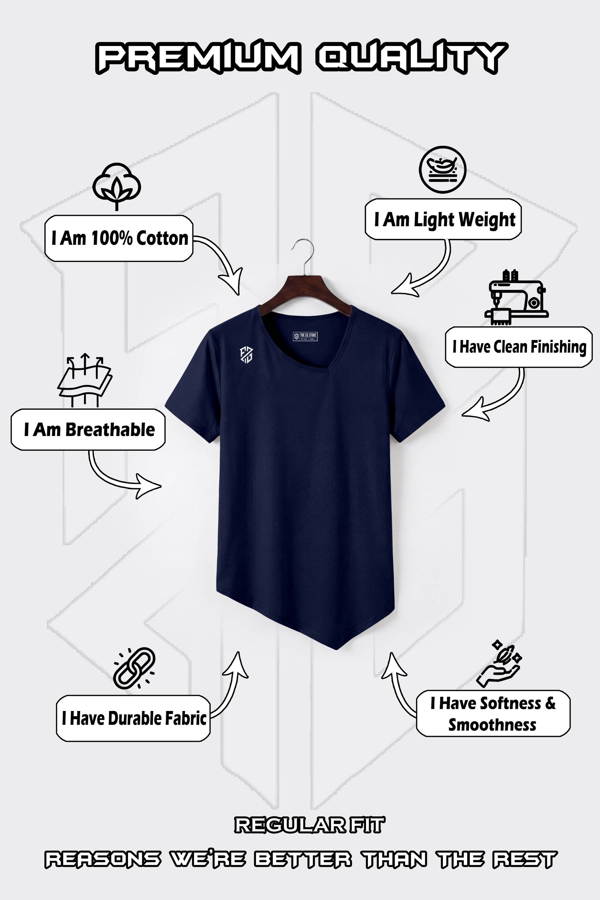 Navy blue cotton t-shirt on hanger, labeled as lightweight, breathable, durable, soft, and clean-finished regular fit.
