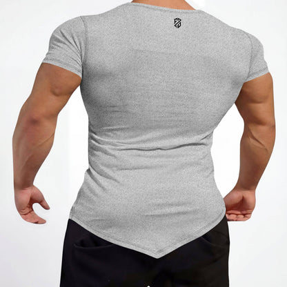 Man wearing fitted light grey short sleeve athletic t-shirt with black logo on back