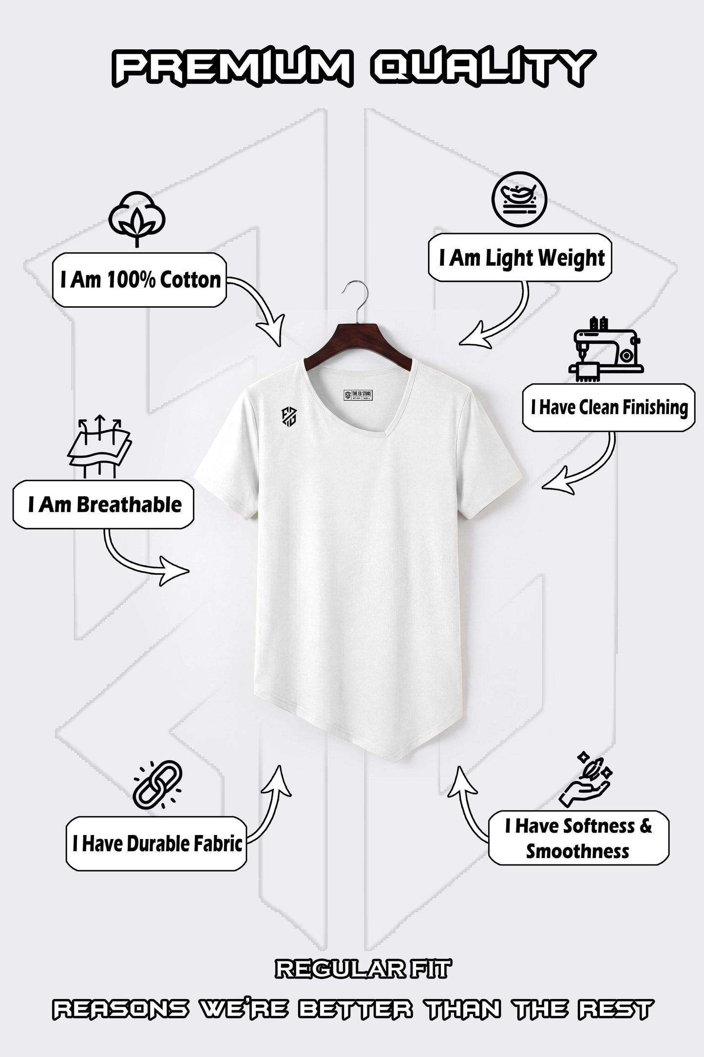 White regular fit cotton t-shirt on hanger, showcasing breathable, lightweight, durable, soft, clean-finishing fabric features.