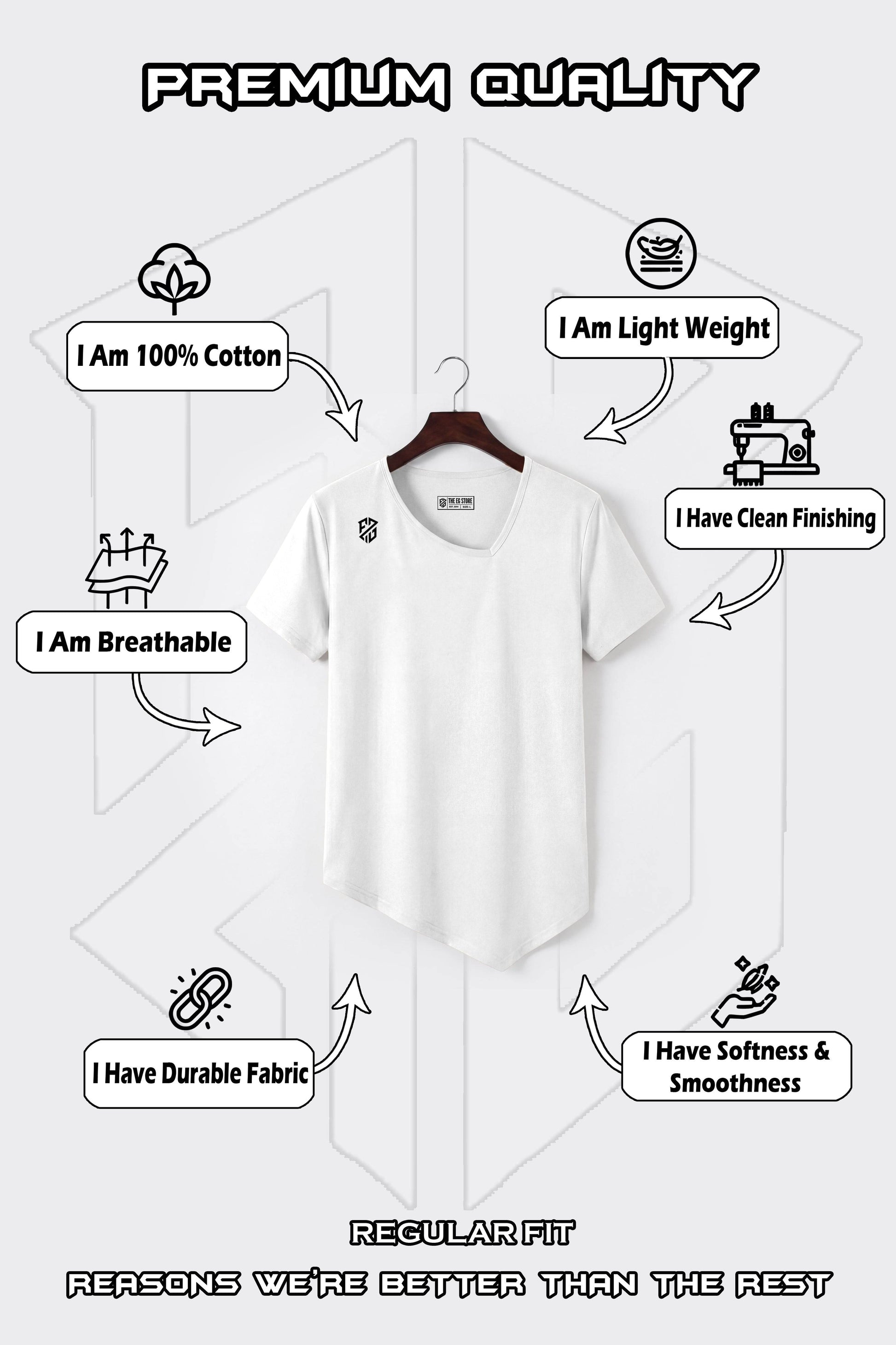 White regular fit cotton t-shirt on hanger, showcasing breathable, lightweight, durable, soft, clean-finishing fabric features.