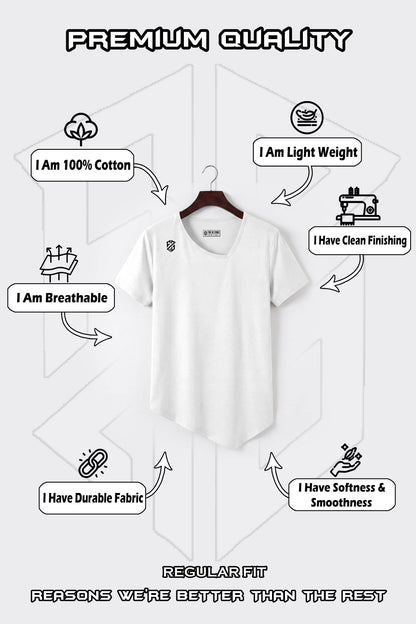 White regular fit cotton t-shirt on hanger, showcasing breathable, lightweight, durable, soft, clean-finishing fabric features.