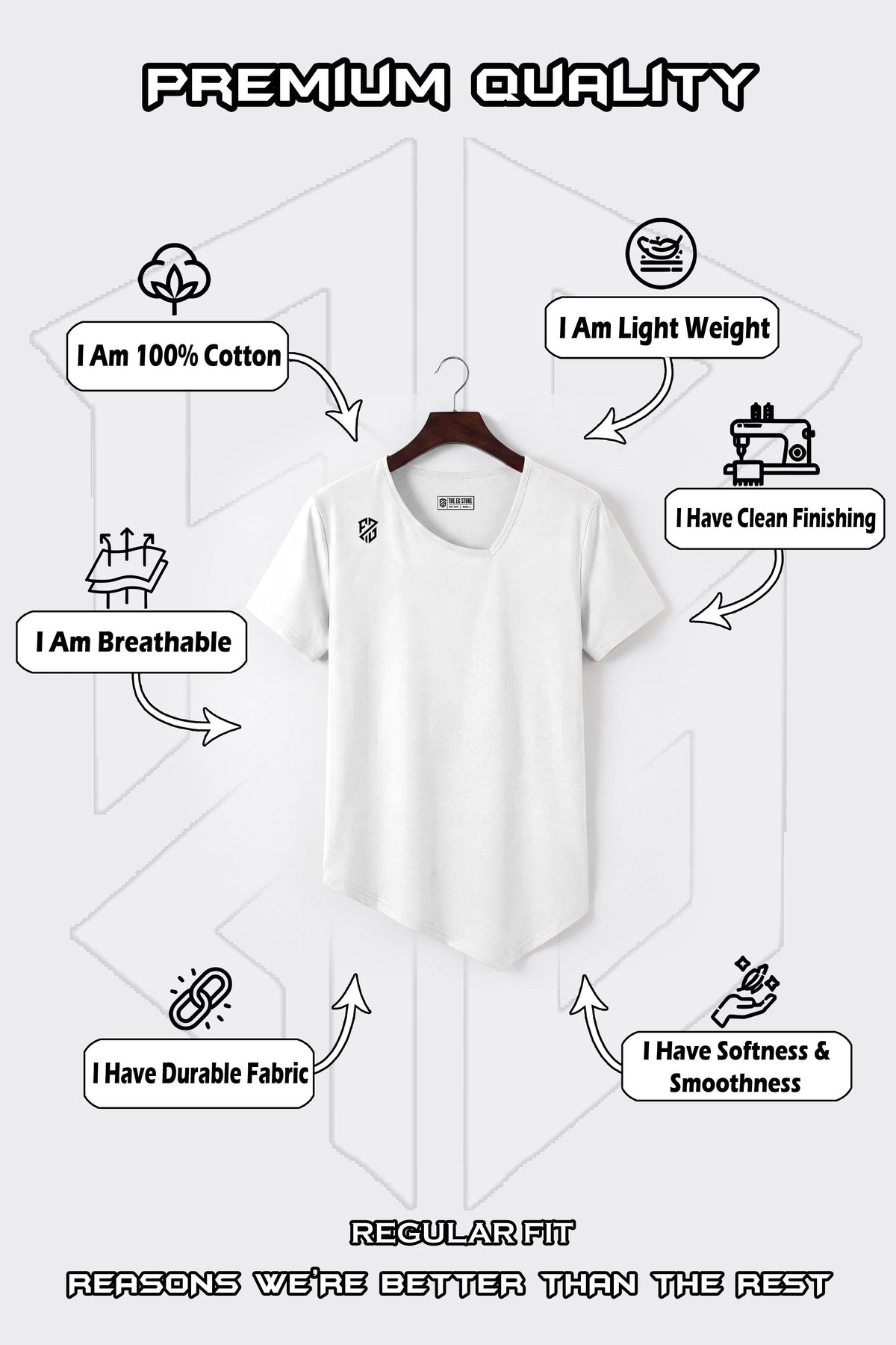 White regular fit cotton t-shirt on hanger, showcasing breathable, lightweight, durable, soft, clean-finishing fabric features.