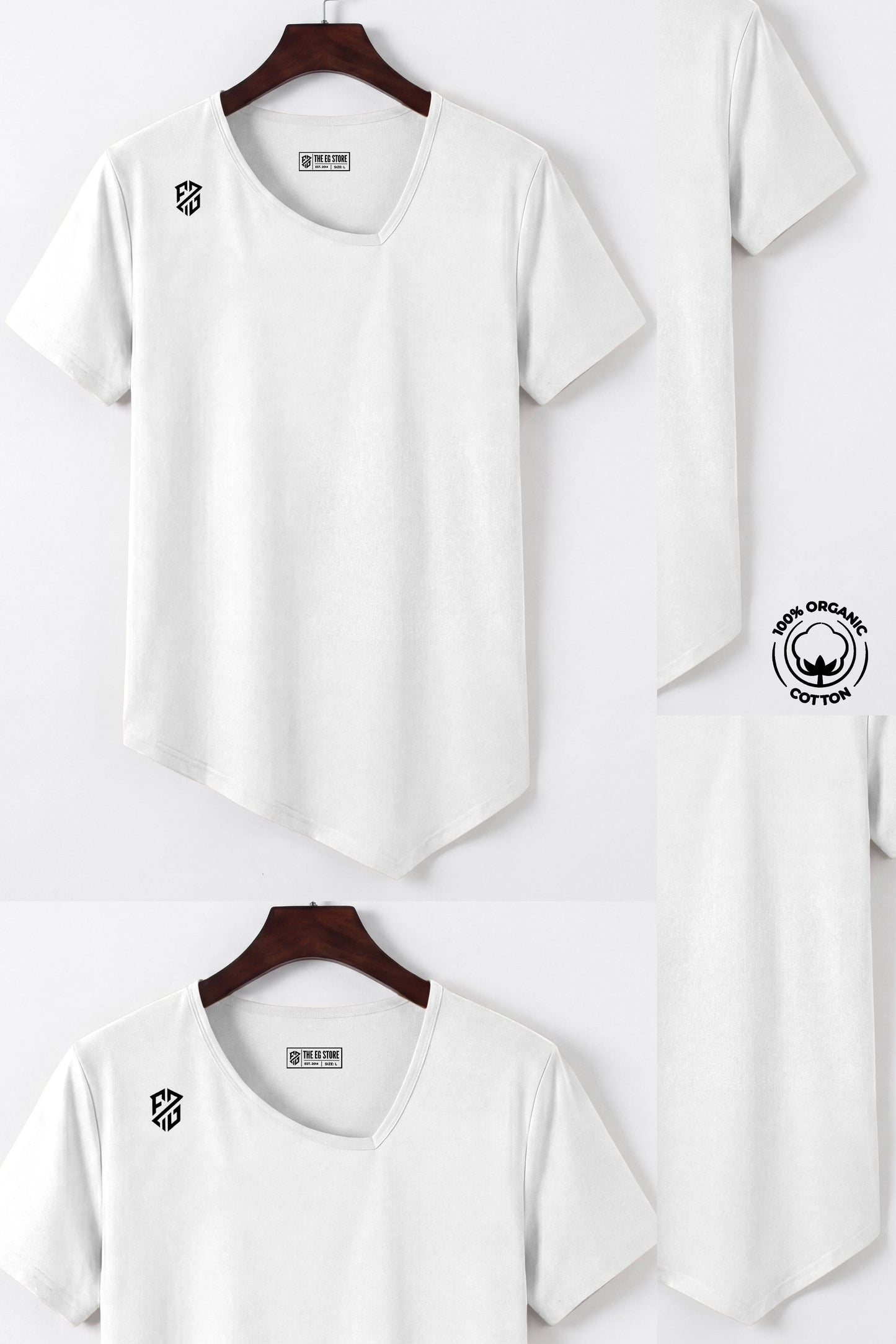 White organic cotton t-shirt with asymmetrical hem and black shoulder logo on hanger