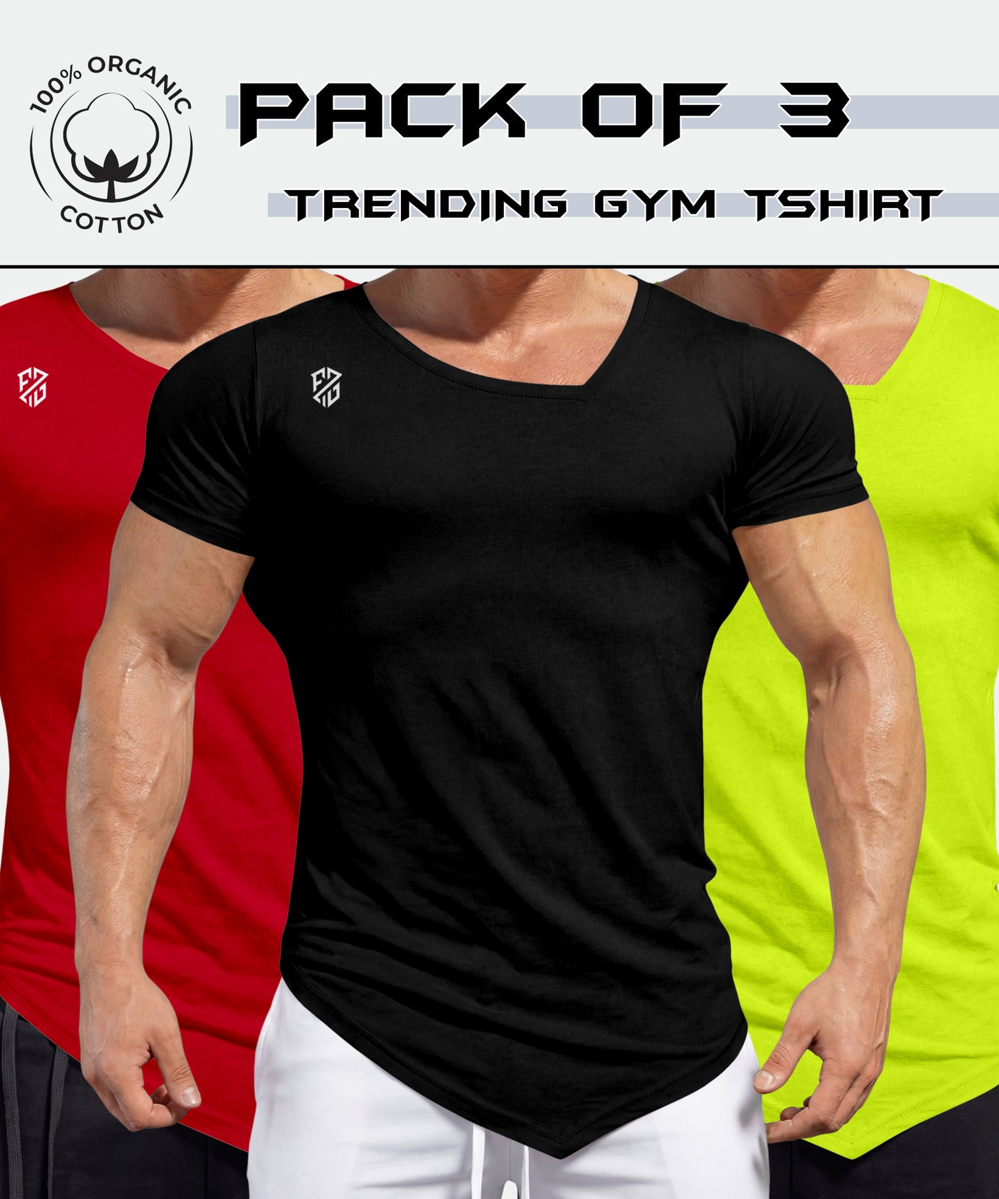 Pack of 3 men's gym t-shirts in black, red, and neon yellow, 100% organic cotton