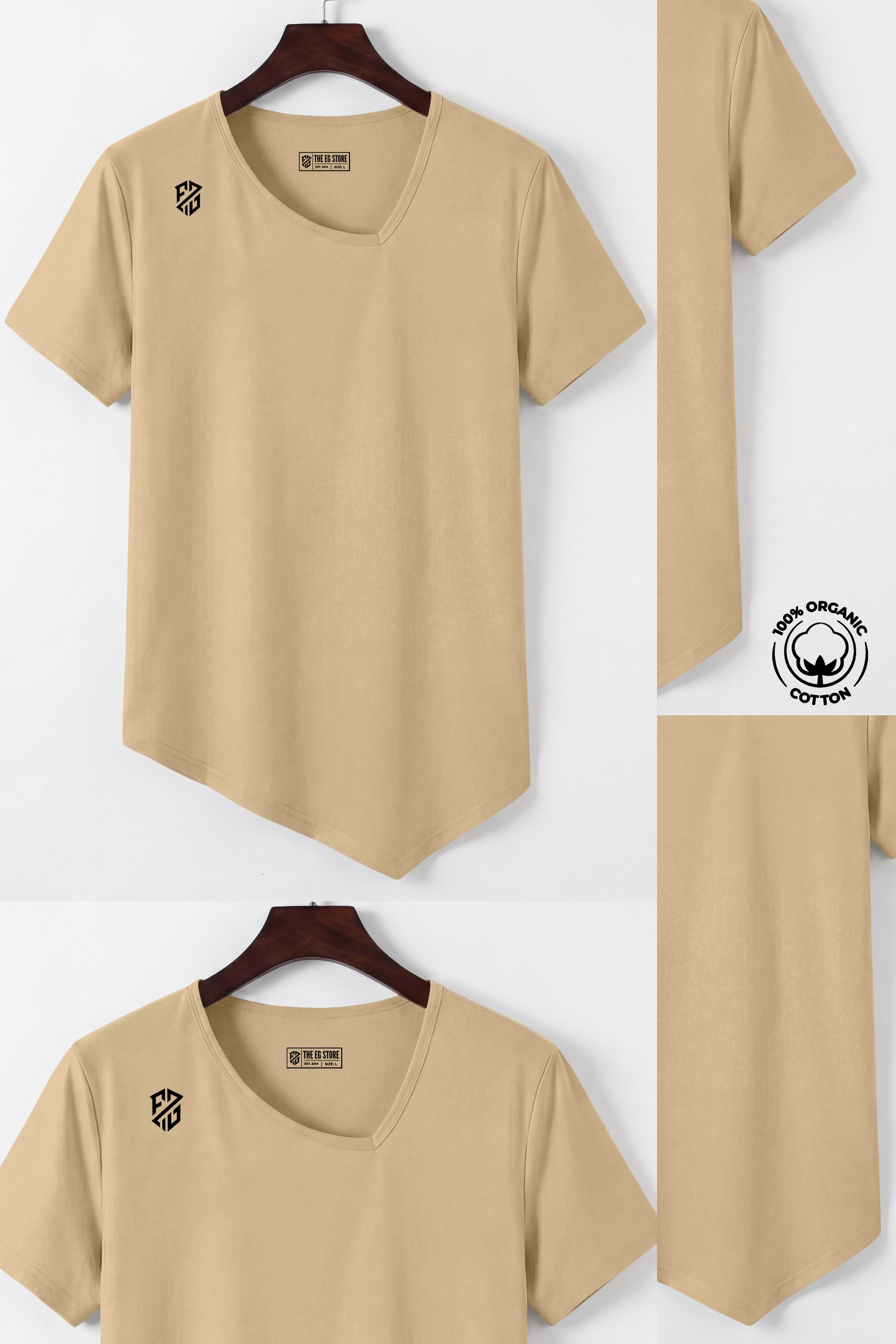 Beige organic cotton t-shirt with short sleeves, asymmetrical hem, and black logo detail.