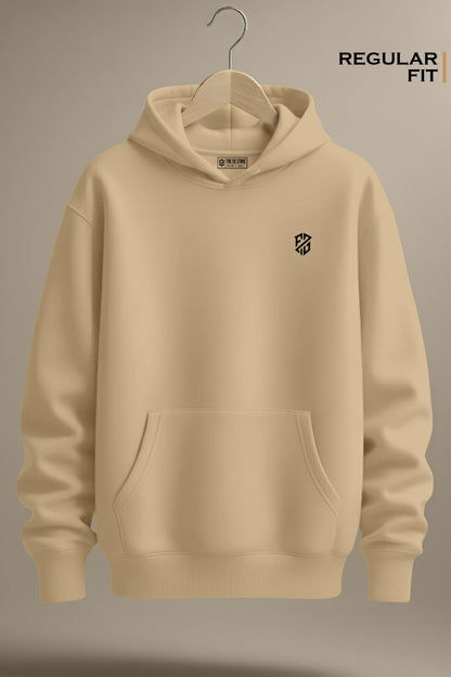 Beige regular fit hoodie with black chest logo, front pocket, and drawstring hood on hanger