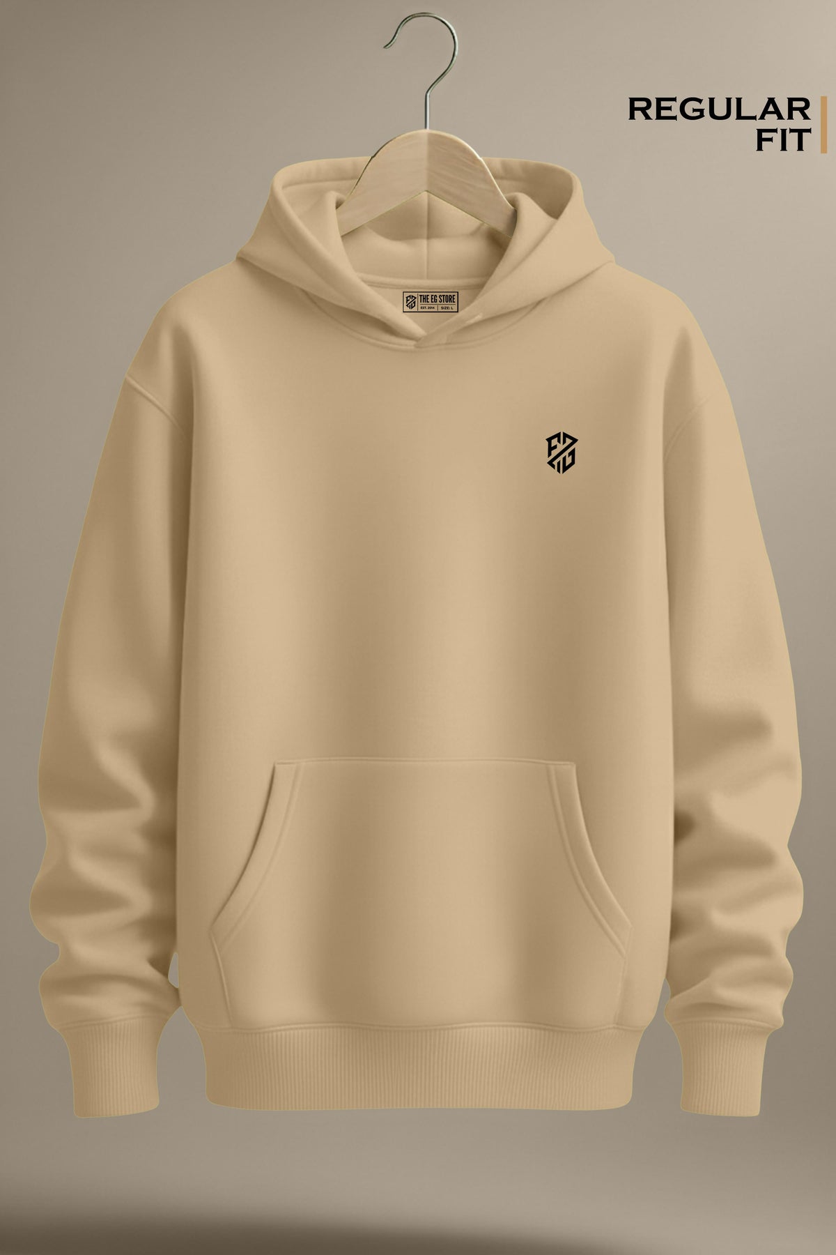 Beige regular fit hoodie with black chest logo, front pocket, and drawstring hood on hanger