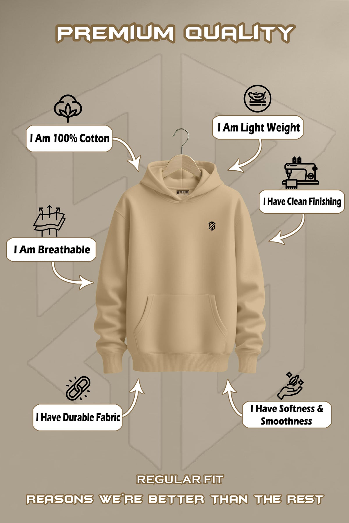 Premium Beige Sand Hoodie: Regular Fit Comfort Style - Hover Image