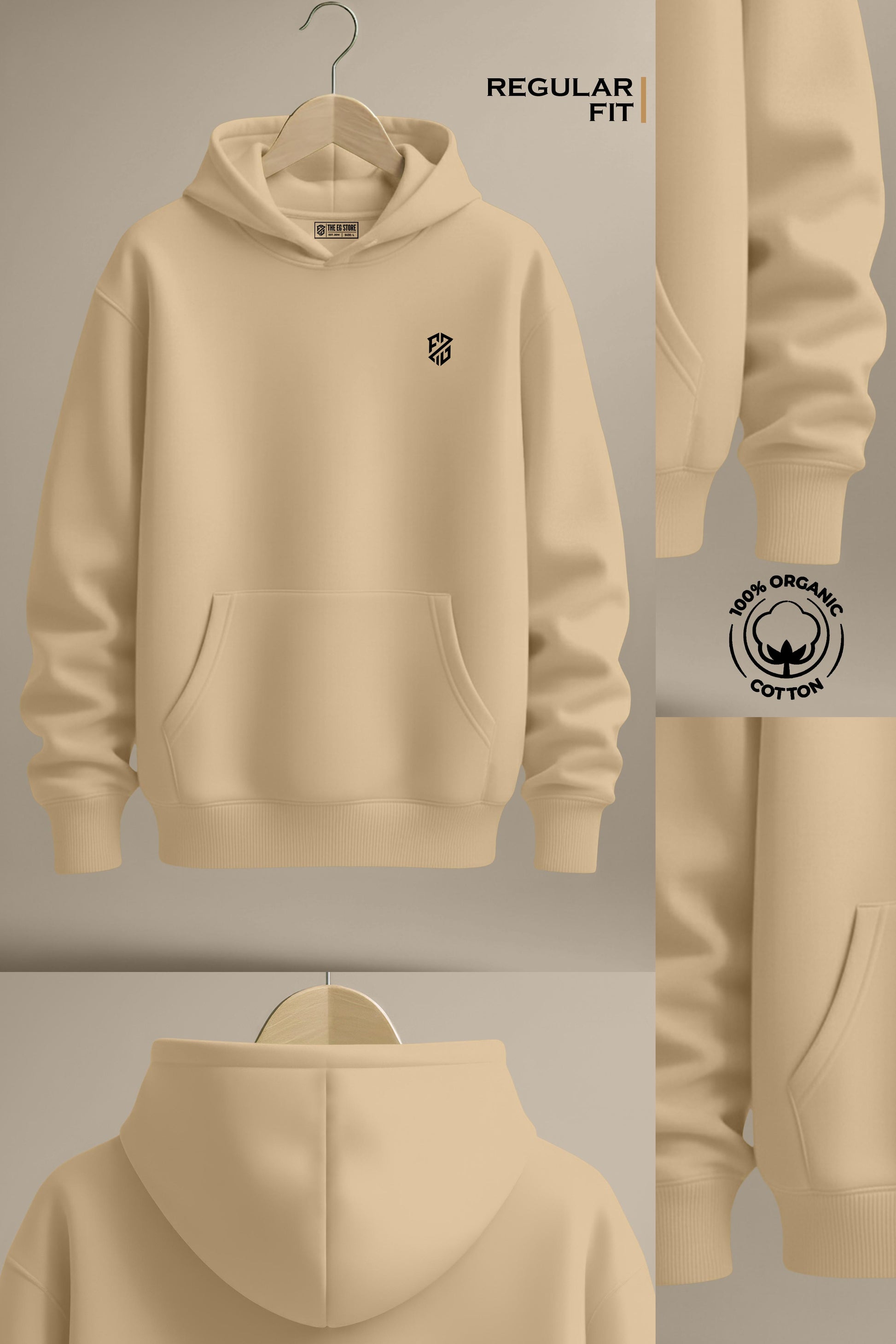 Beige regular fit organic cotton hoodie with front pocket and minimalist chest logo