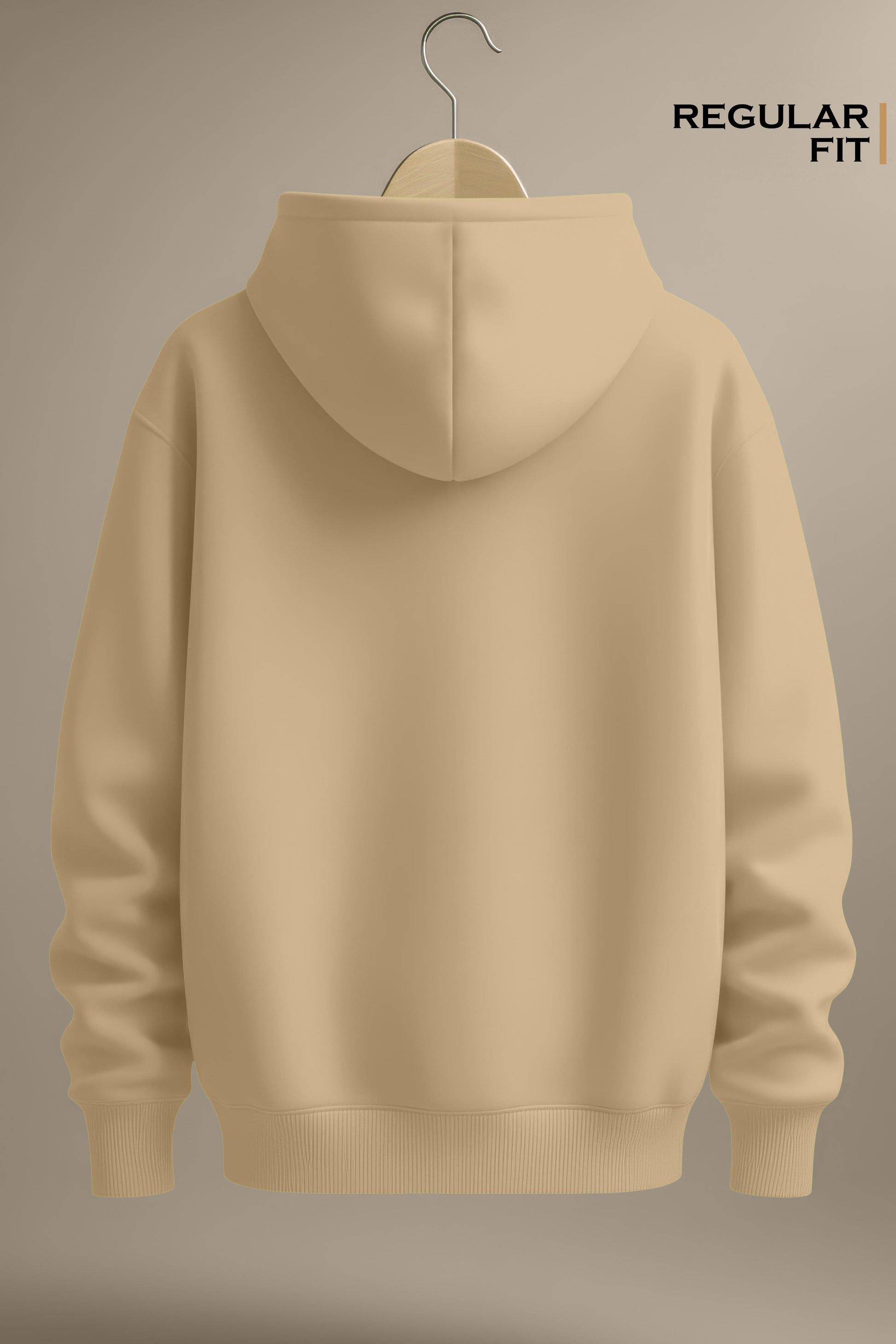 Beige regular fit hoodie with hood, shown from the back on a hanger