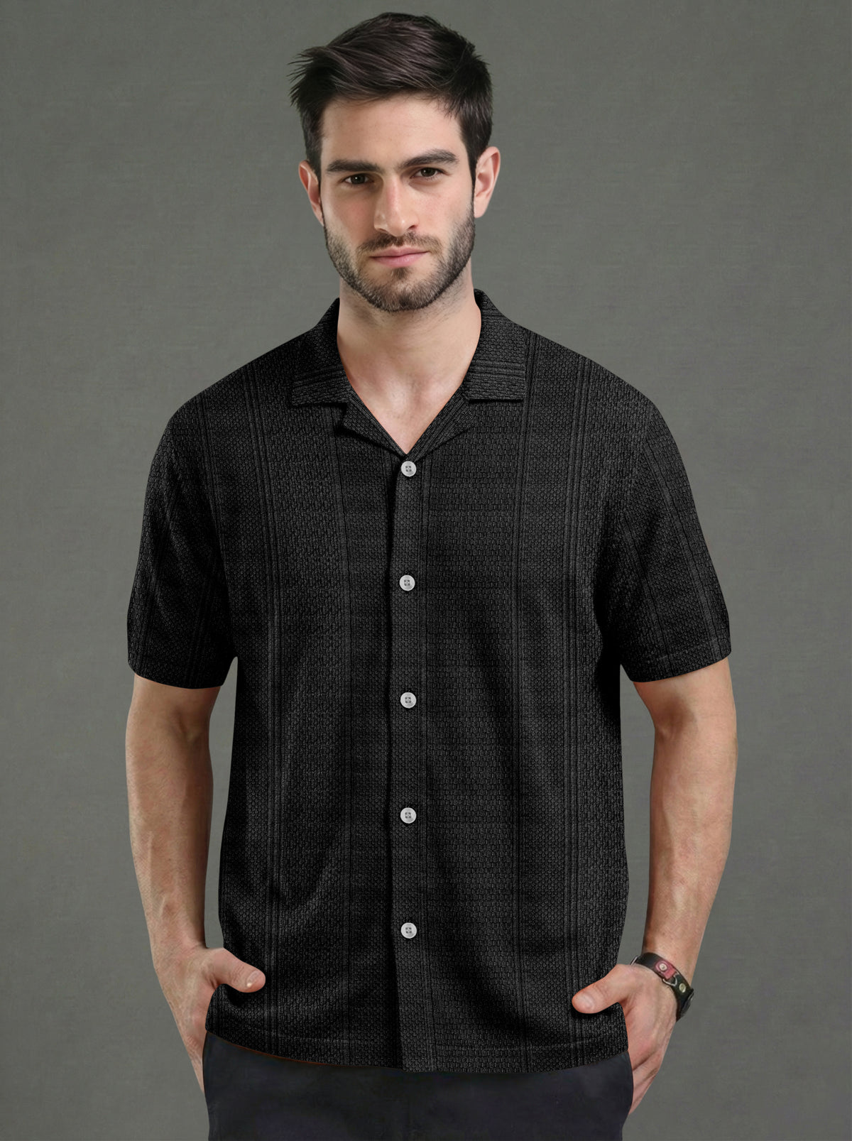 Premium Black Short Sleeve Cuban Collar Shirt: Casual Resort Fit