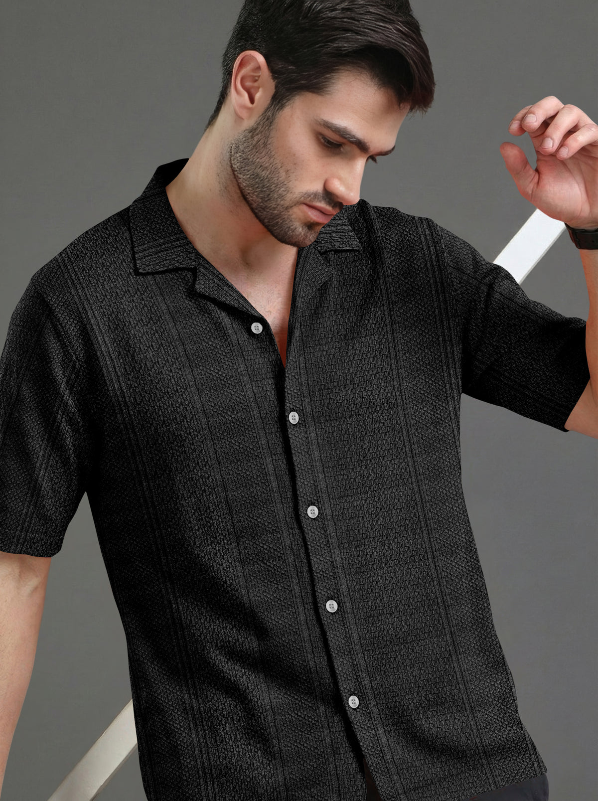 Premium Black Short Sleeve Cuban Collar Shirt: Casual Resort Fit - Hover Image