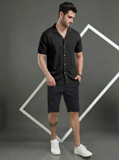 Premium Black Short Sleeve Cuban Collar Shirt: Casual Resort Fit
