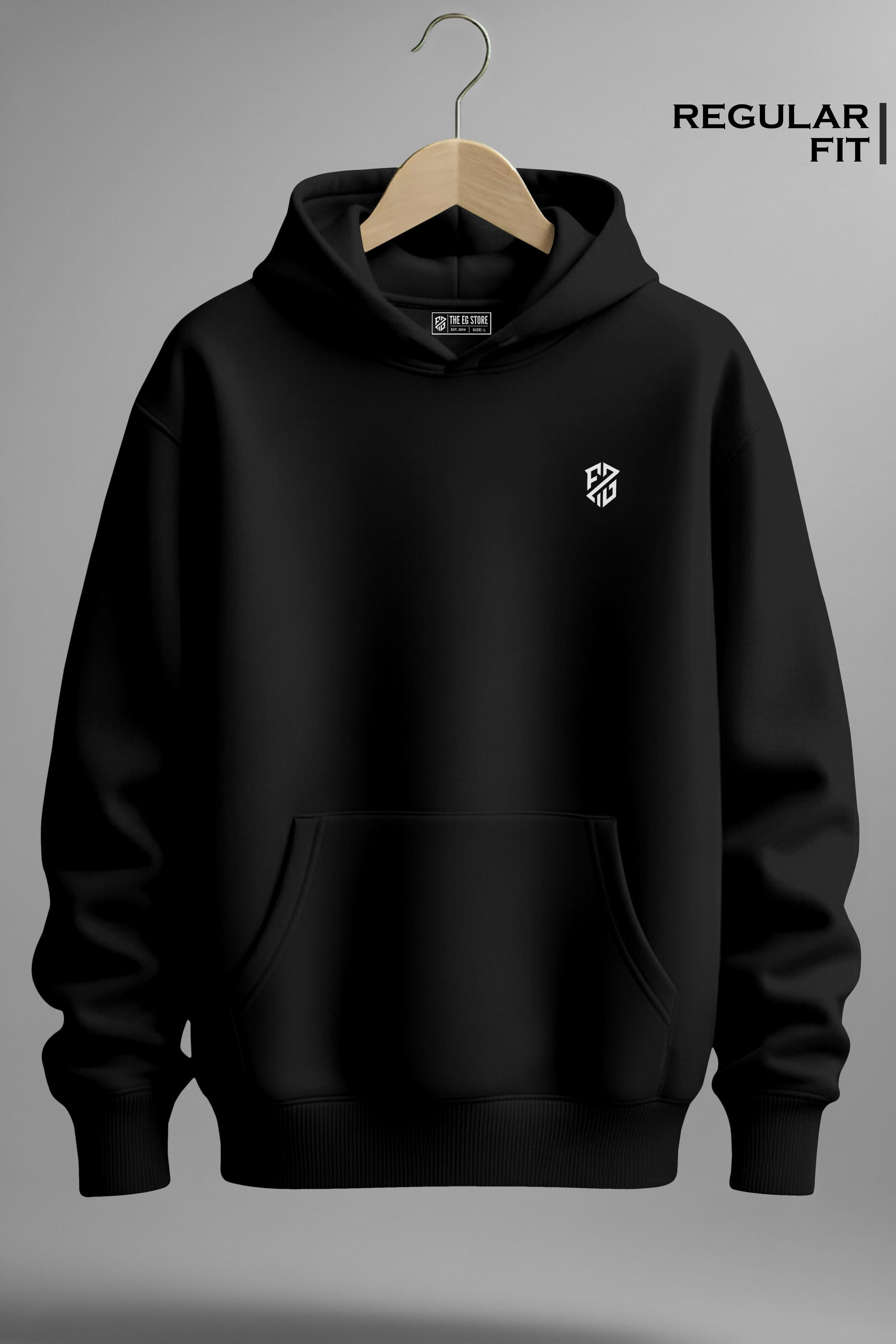 Black regular fit hoodie with white geometric logo on chest, displayed on hanger