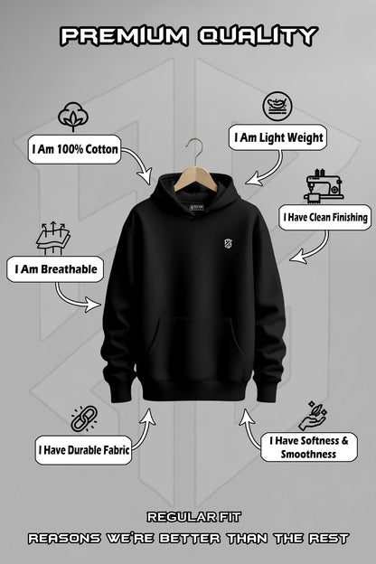 Black hoodie on hanger with callouts for 100% cotton, lightweight, breathable, durable, soft, clean finish.