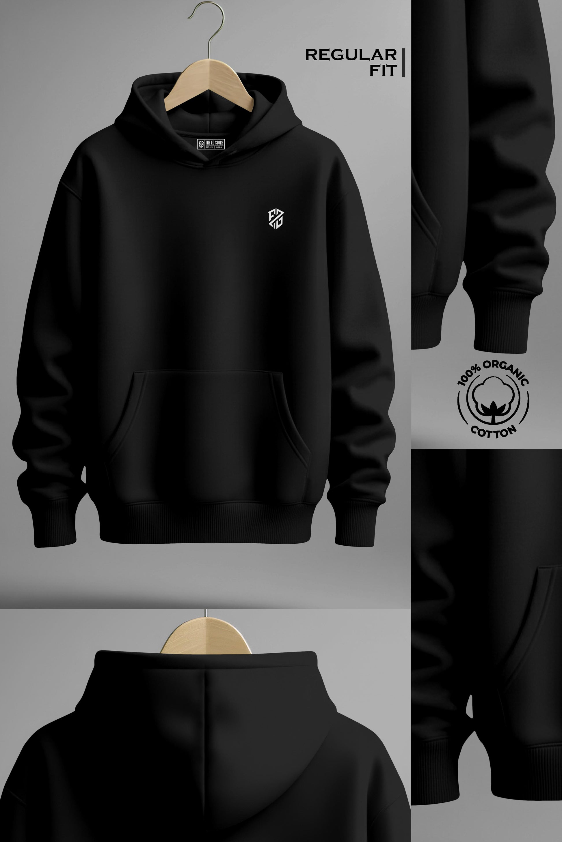 Black organic cotton hoodie, regular fit, white chest logo, kangaroo pocket, ribbed cuffs.