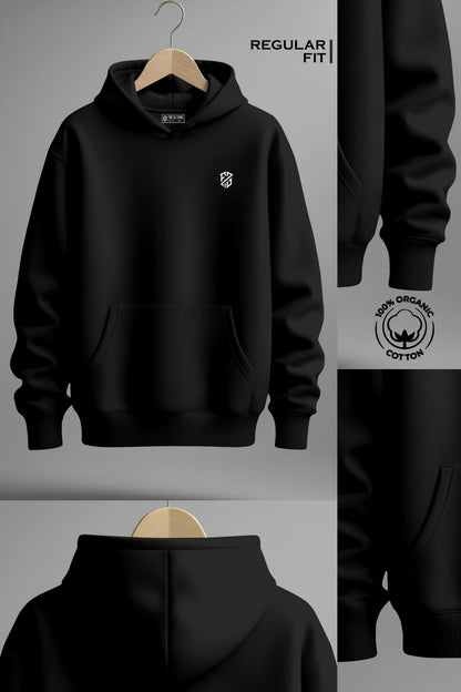 Black organic cotton hoodie, regular fit, white chest logo, kangaroo pocket, ribbed cuffs.
