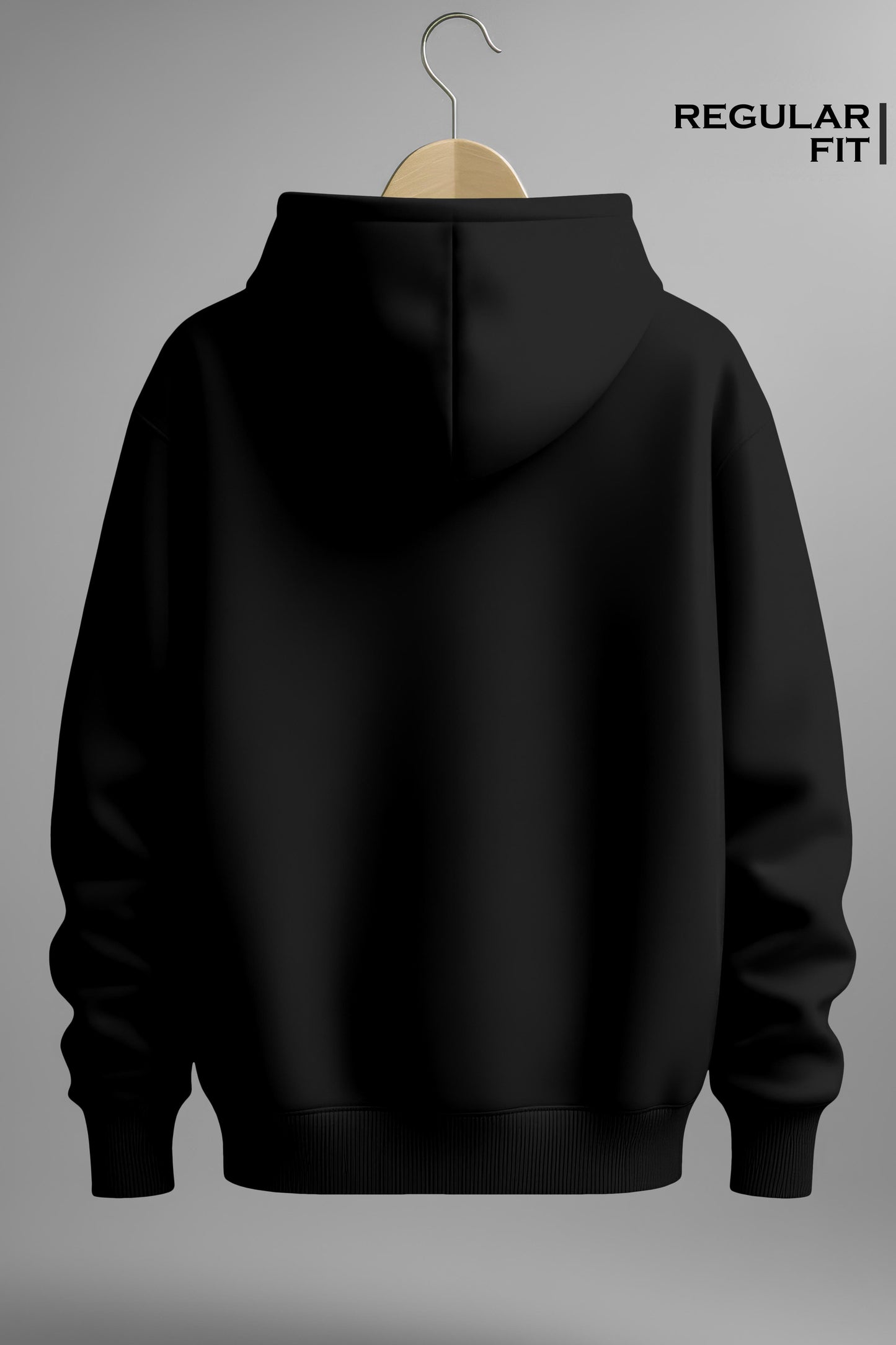 Back view of regular fit black hoodie on hanger against gray background