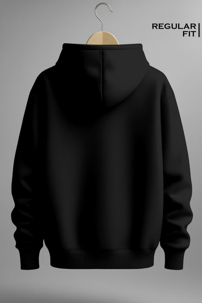 Back view of regular fit black hoodie on hanger against gray background