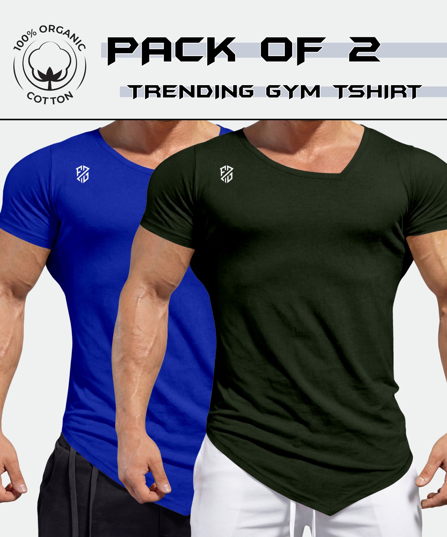 Pack of 2 organic cotton gym t-shirts for men, blue and black, athletic fit